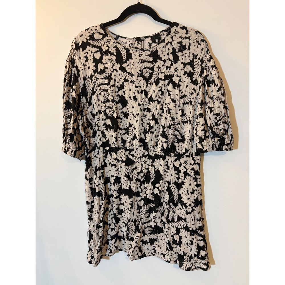 Zara Black White Floral Size Large Fern Print Mini Dress Puff Sleeve Round Neck
